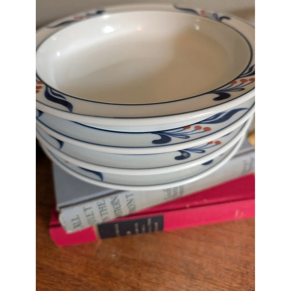Dansk Bistro Maribo Rimmed Soup Bowls Set of 4 Blue Orange Berry Stoneware Japan
